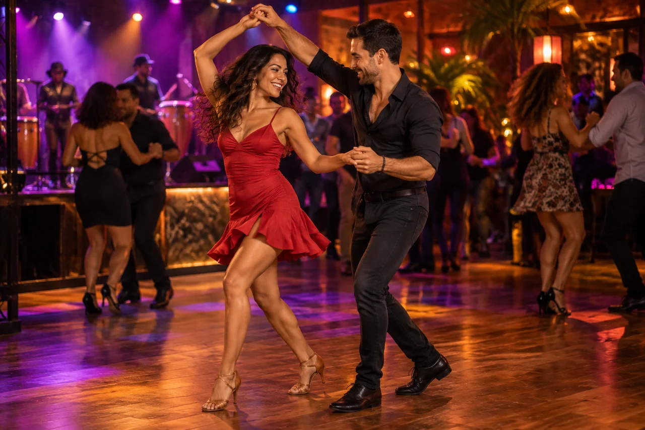Illustrative couple dancing salsa at a nightclub