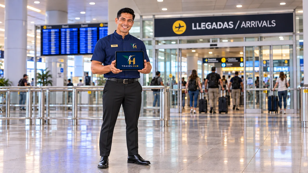 TravelHub chauffeur holding a tablet with the company logo in an airport arrivals reception area