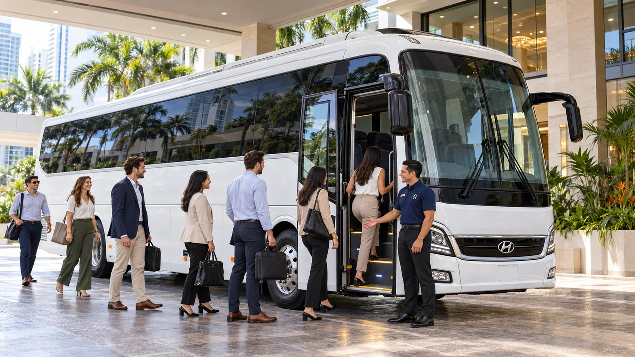 Corporate travelers boarding a white coach outside a hotel, welcomed by a TravelHub chauffeur