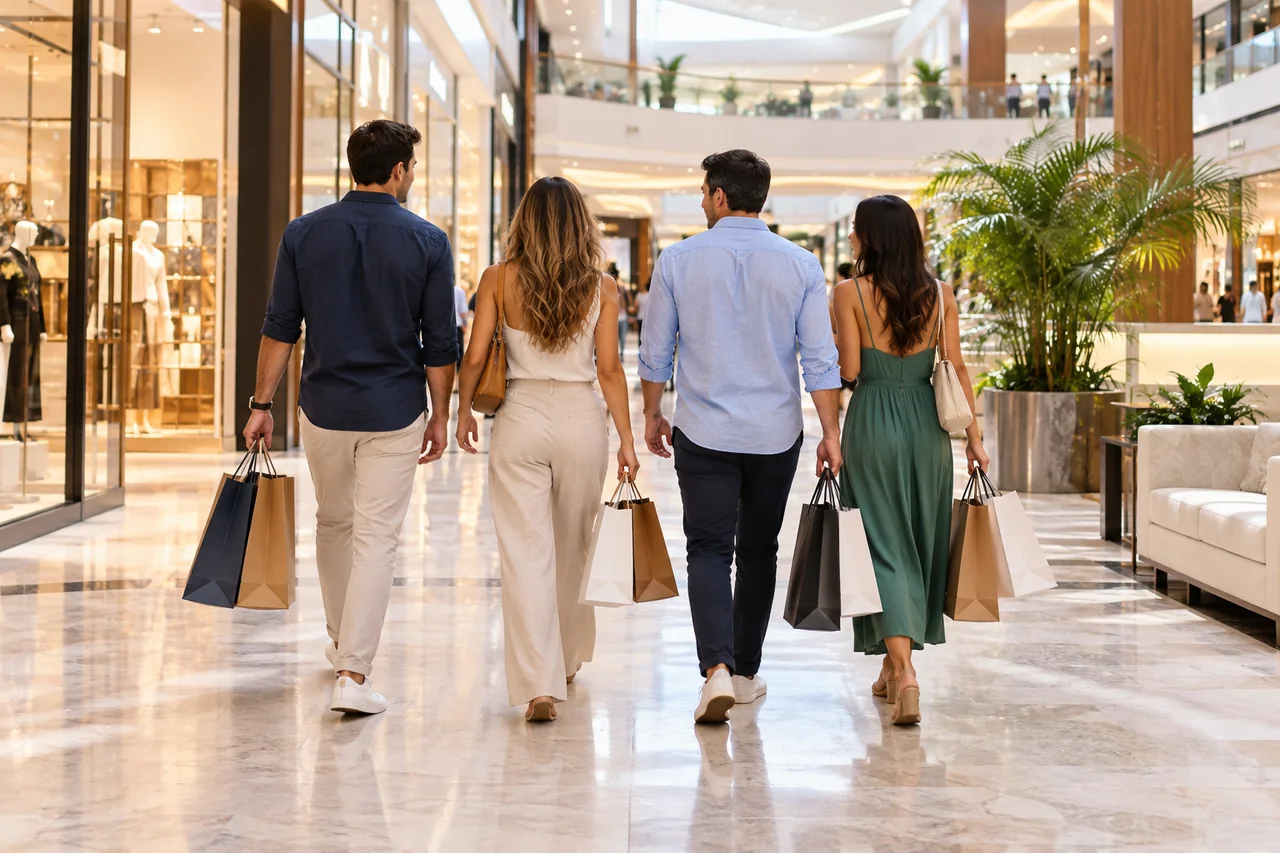 Four people carrying shopping bags while walking through a mall, viewed from behind