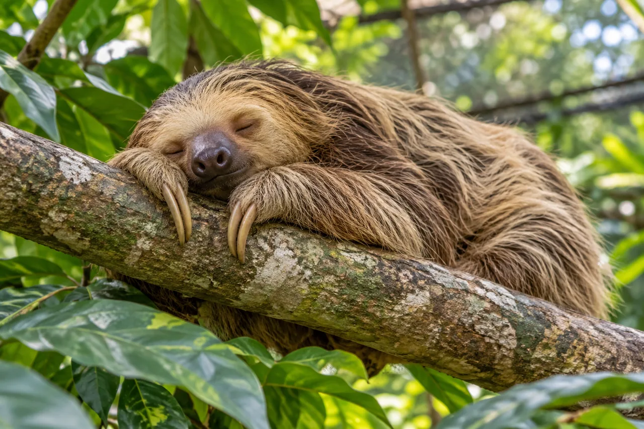 Illustrative two-toed sloth sleeping on a branch in a sanctuary