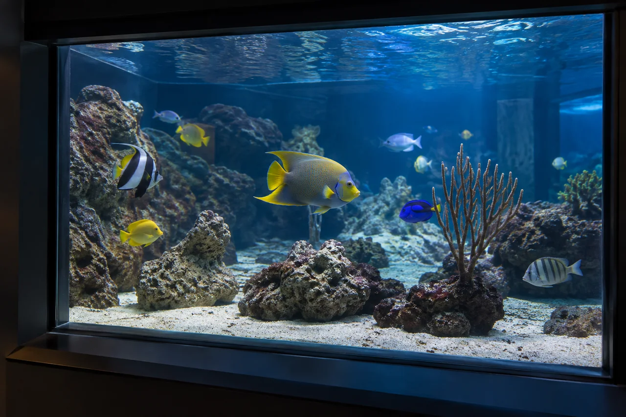 Illustrative marine aquarium with colorful tropical fish
