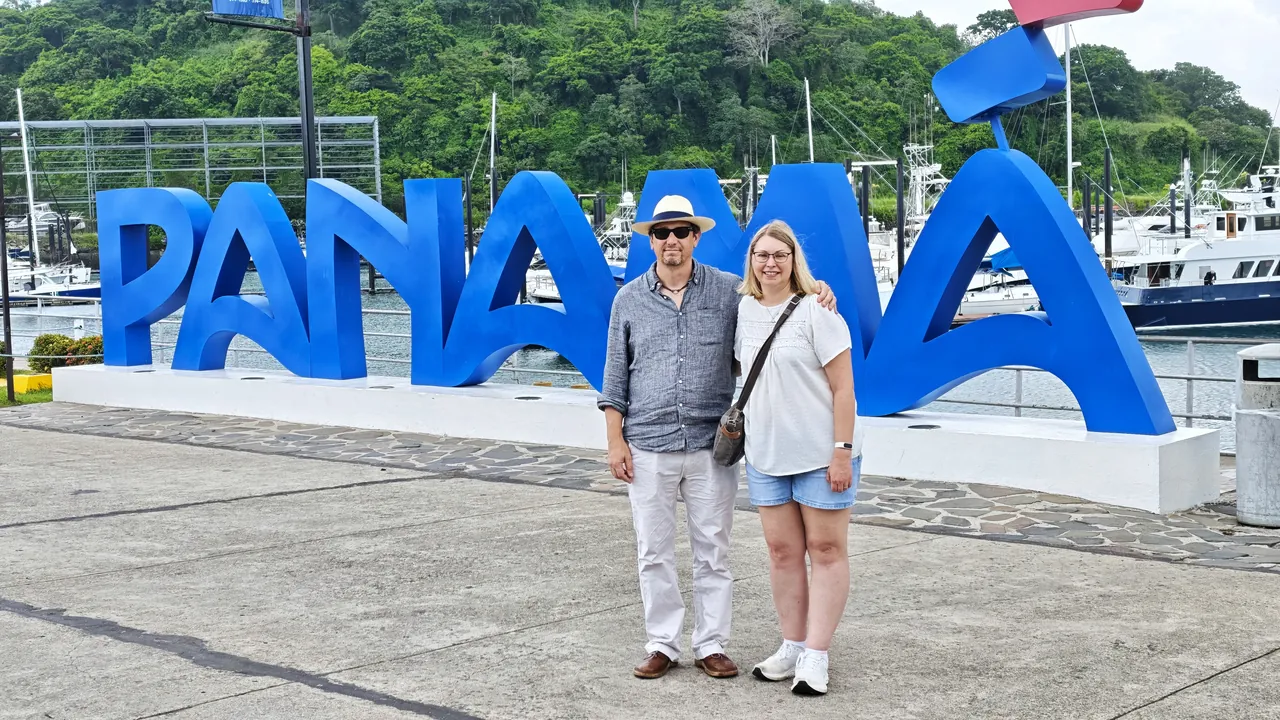 Visitors at the Panama sign on the Amador Causeway
